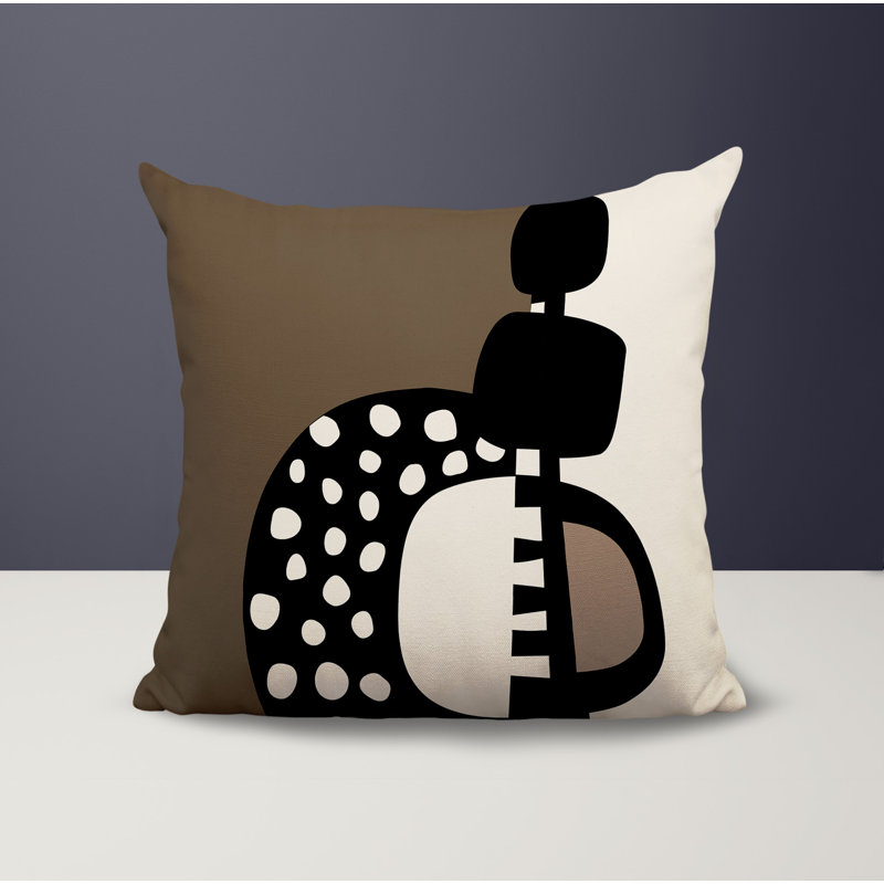 Oreiller carré réversible intérieur / extérieur Khari, H 15 po x l 15 po, Beige / noir / blanc cassé abstrait