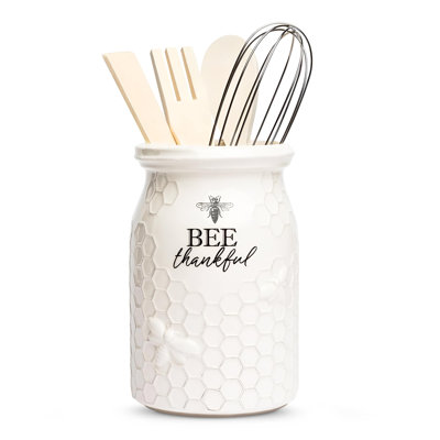Ceramic Utensil Holder for Countertop - Kitchen Crock with 3 Wooden Utensils - Large Organizer for Cooking Tools, Flatware, and More - Bee Thankful