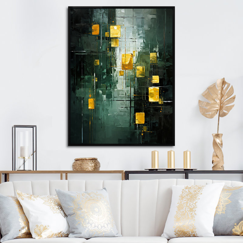 «Emerald Reflections Abstract Cubist», reproduction d'art sur toile, H 40 po x l 30 po x P 1,5 po, Cadre flottant noir