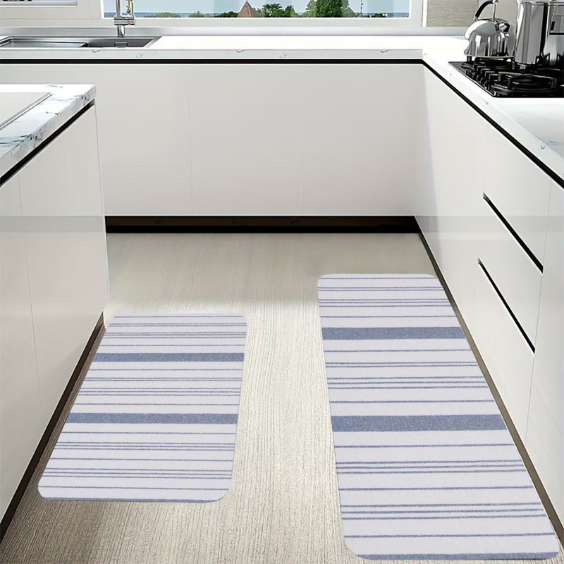 Tapis de cuisine classique à rayures bleues antidérapantes 2 pièces