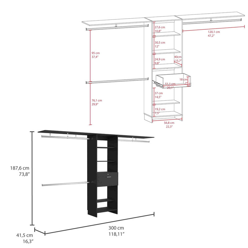 Manchester 250 Closet System, Five Open Shelves