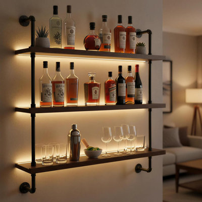 Modern Wall-Mounted Wine Rack With LED Lights, 3-Tier Liquor Bottle Display Bar Shelves, Industrial Wine Rack Floating Shelf, Multifunctional Wine Sto
