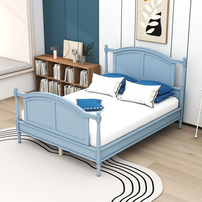 Lit plateforme Farmhouse avec tête et pied de lit et pieds de support, Grand lit, Bleu clair