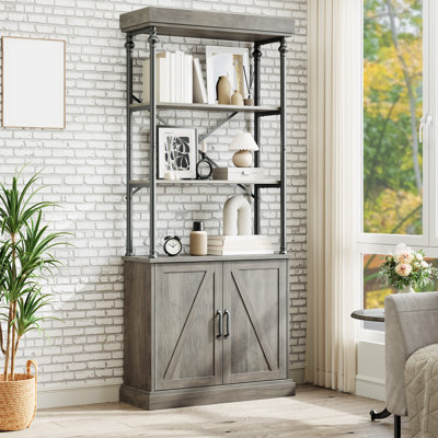 Industrial Farmhouse Bookcase with Doors - 74" Tall Wood & Metal Bookshelf with Storage Cabinet, Vintage Open Shelf Design for Living Room, Home Office, Bedroom, Library, Grey