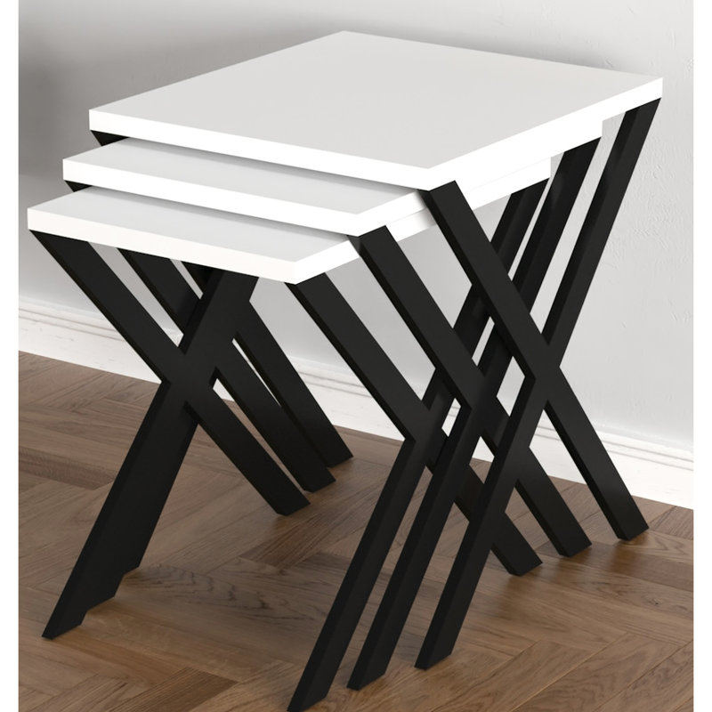 Ensemble de 3 tables gigognes rectangulaires blanches contemporaines avec pieds en épingle en métal pour les petites réunions