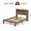 Structure de lit plateforme pleine grandeur en bois avec tête de lit à DEL, 2, bruit, sans sommier, facile à assembler, sous le rangement, tablette rétro, prises de courant standard brun foncé, style,