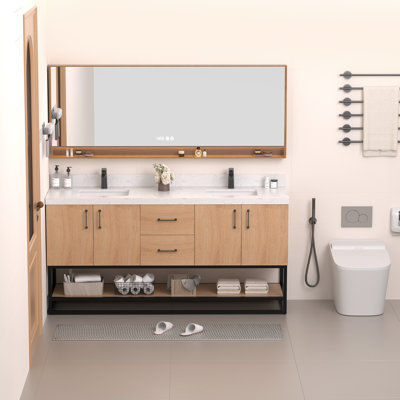 Meuble-lavabo moderne 72 po avec plateau en pierre reconstituée blanche, armoire au fini chêne doré et base de rangement noir mat