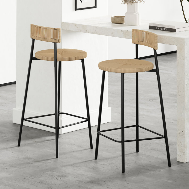 De 2 tabourets de bar tissés à la main, siège en corde de papier et structure en métal noir, ton miel, repose-pieds, pour la cuisine et la salle à manger