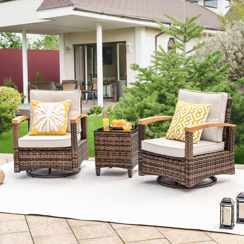 Ensemble de bistro 3 pièces avec chaises à bascule pivotantes et table d'appoint pour véranda, terrasse et balcon, Beige/brun