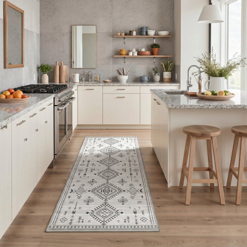 Abrahamson Bohemia Geometric Machine Washable Beige / Black / Grey Indoor Area Rug with Non-Slip Backing, Runner 2'6" x 8'