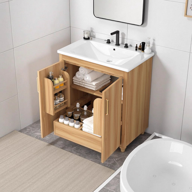 Ensemble de meuble-lavabo moderne 30 po avec lavabo, meuble-lavabo simple autoportant avec portes et tiroir, fabrication en bois massif et panneau de fibres à densité moyenne, finition naturelle