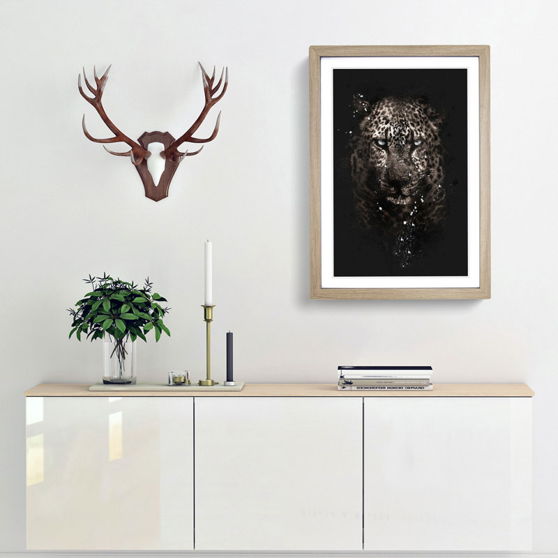 Leopard In The Dark Paint Splash - Picture Frame Graphic Art, Oak Framed, 33cm H x 24cm W x 2cm D