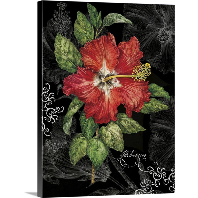 Hibiscus rouge sur toile noire, art mural, Toile tendue, H 32 po x l 24 po x P 1,25 po