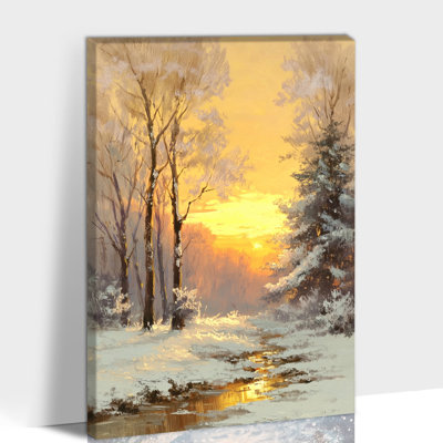 Paysage d'hiver, art mural sur toile, paysage enneigé, art mural arbre de Noël forêt d'hiver, impressions de peinture coucher de soleil pour salon chambre bureau, 12 po x 16 po