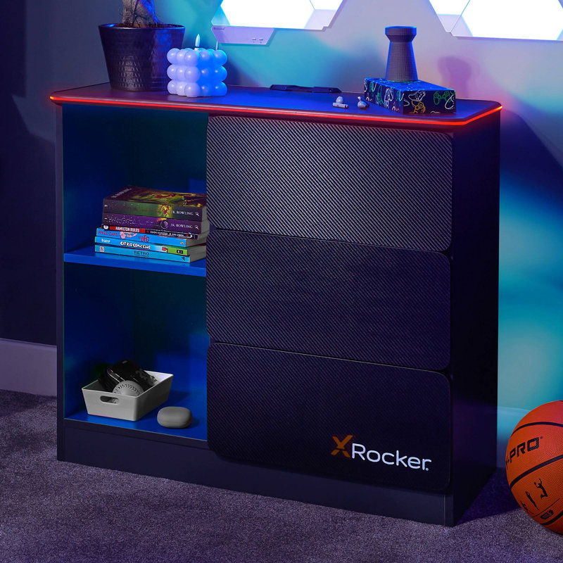 X Rocker Carbon-Tek LED Chest of 3 Drawers - White RGB, Grey/Blue
