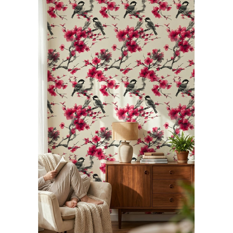 Papier peint floral avec oiseaux, Peler et coller