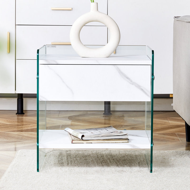 Bedside table with drawers: mdf top, transparent glass sides, simple elegant design, versatile storage solutions (109 characters)