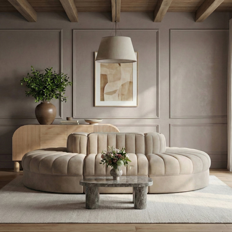 Tissu en velours Demars Performance 6 pièces Canapé modulaire modulaire, Velours beige, 27" H x 127" W x 68" D