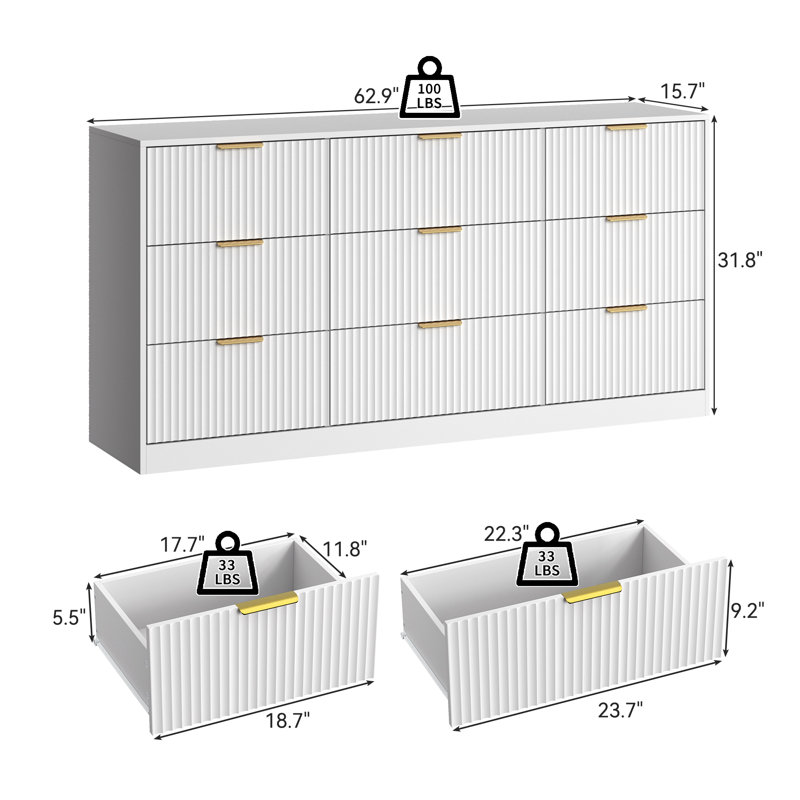 63" Wide 9 - Drawer Fluted Dresser For Bedroom, Modern Chest Of Drawers With Metal Handle, White, White