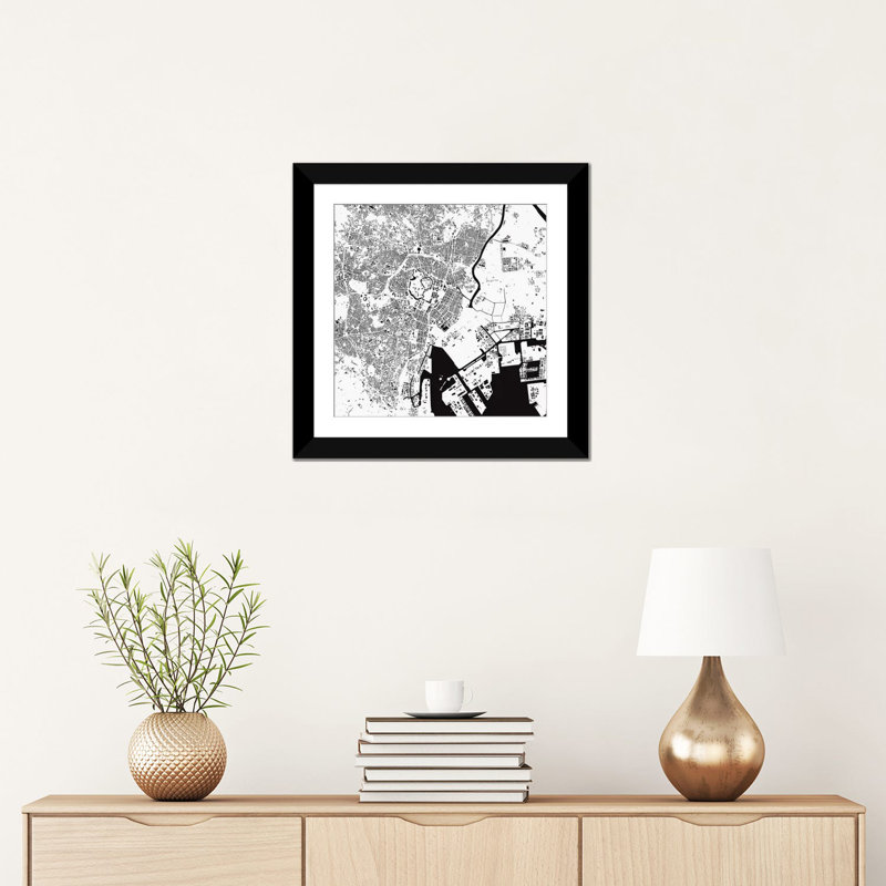 « tokyo », art sur toile tendue, H 16 po x l 16 po x P 1 po, Papier d'art encadré noir, Blanc