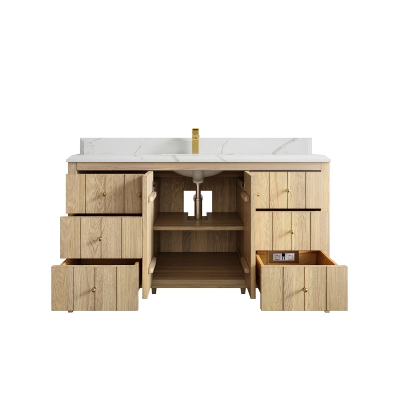 Bois de chêne Atlanta X P 22 po De meuble-lavabo simple en D, Calacatta Laza