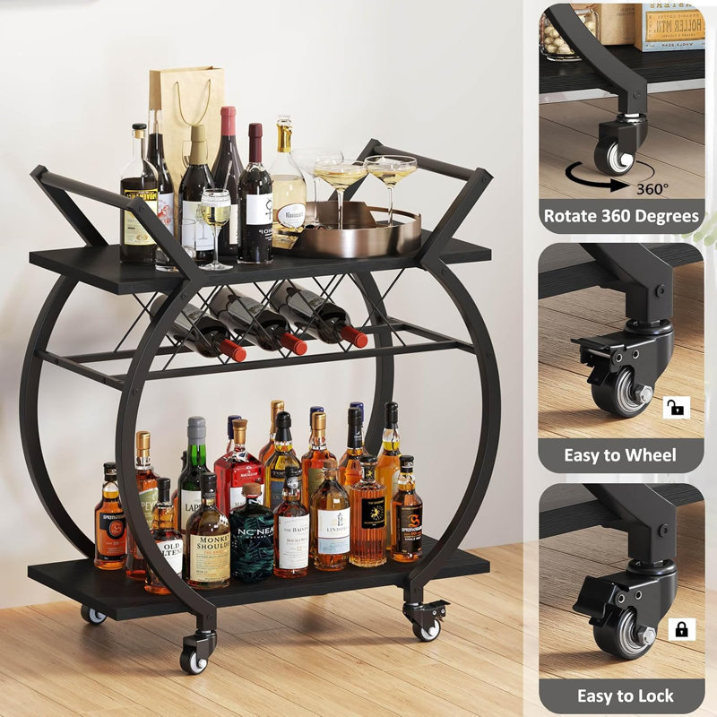 Roue avec chariot à vin noir, chariot de bar moderne avec porte-bouteilles, chariot de service de cuisine à tambour avec espace de rangement