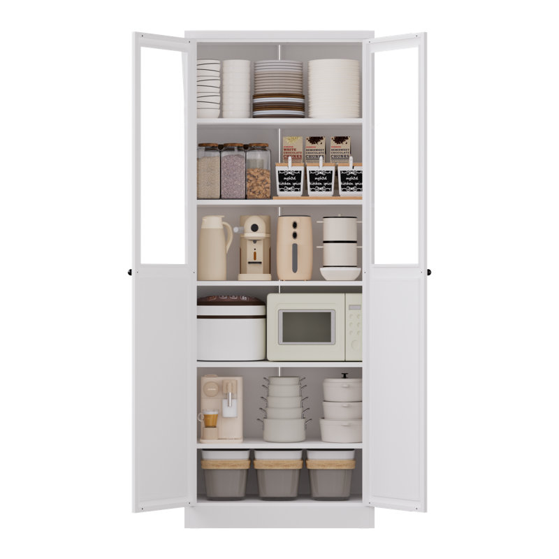 Armoire de cuisine 72 po en métal avec portes et tablettes, grand organisateur de rangement réglable robuste, armoire autoportante sans outil pour le salon, la salle de bain, blanc