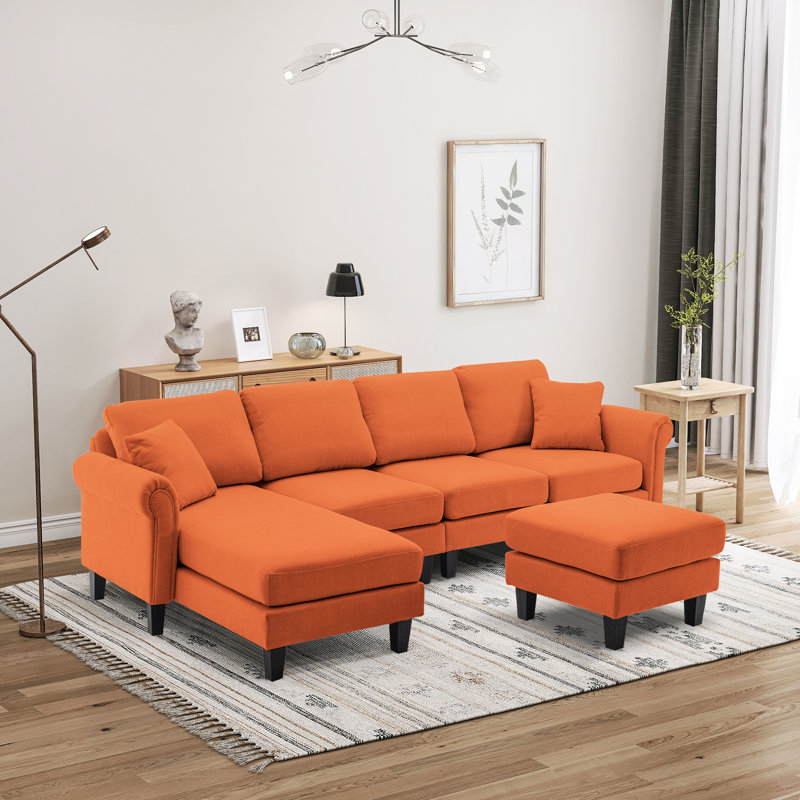 Dekara L Shaped Sectional Sofa Linen Fabric Upholstered Couch with Chaise and Ottoman, Orange 100% Linen