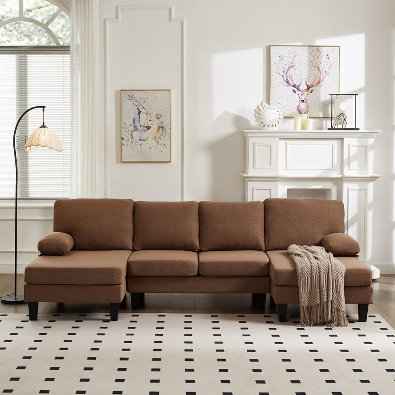 106.3" Sectional Sofa, U Shaped Couch With Removable Sofa Cover, Brown Fabric
