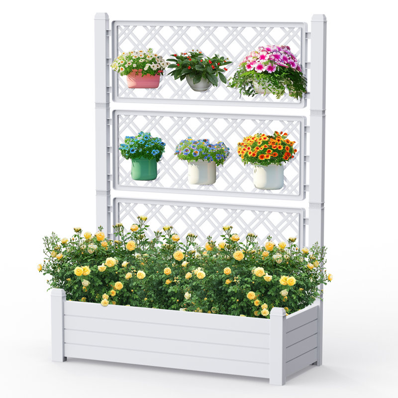 Support pour plante surélevée 59,5 "avec treillis pour plantes grimpantes, Blanc