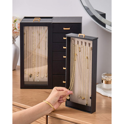 Grande boîte à bijoux de rangement pour femmes, étui à bijoux en cuir PU avec porte-colliers et plusieurs tiroirs