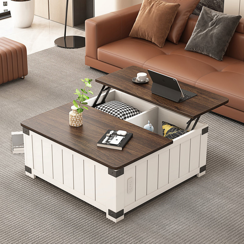 Table basse à plateau relevable Farmhouse avec rangement, table centrale avec station de charge et ports USB, table à thé