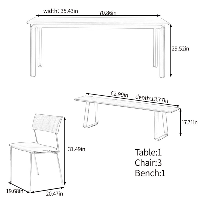 High quality solid wood table set, 29.52"H x 70.86"L x 35.43"W