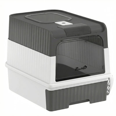 Gray Hooded Cat Litter Box with Lid, Front Entry & Top Exit Kitty Toilet, Pull-Out Drawer Tray, Scoop & 2 Deodorization Bags, No-Track Design for Small Cats Up to 9lbs