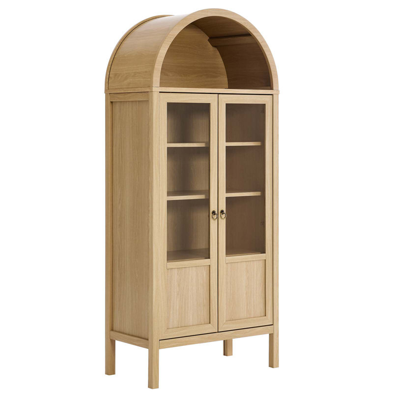 Tessa Tall Oak Arched Storage Display Cabinet with Glass Doors
