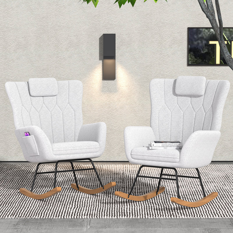 Ensemble de 2 chaises berçantes blanches à haut dossier avec appui-tête et poches latérales, Blanc