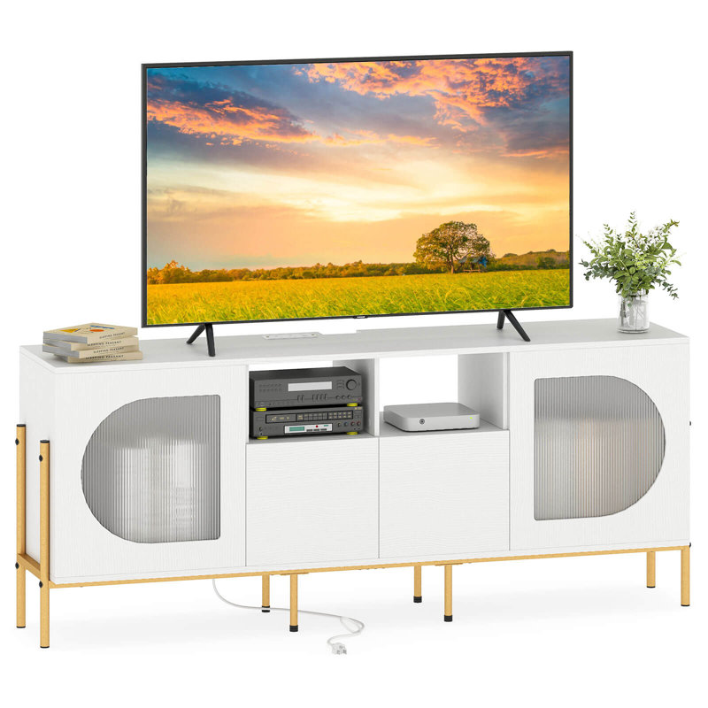 TV Stand with Charging Station for 70” TVs, Fluted Doors & 2 Storage Drawers, White