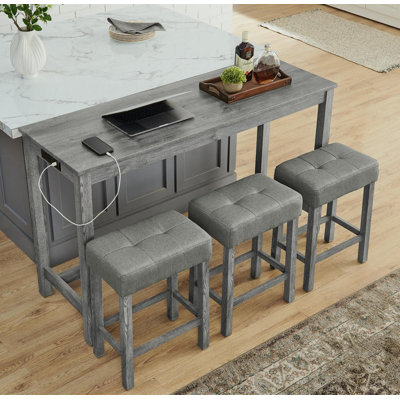 59-Inch Multifunctional Bar/Dining/Sofa Table Set Built-in 2 AC Outlets + 2 USB Ports 3 Linen-Upholstered Stools 4-Piece Set for Living Room, Dining & by Arlmont & Co.