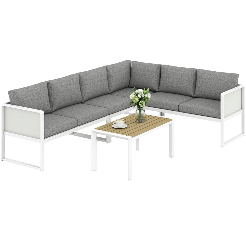 Outsunny 6 Seater Metal Garden Furniture Set Corner Garden Sofa White