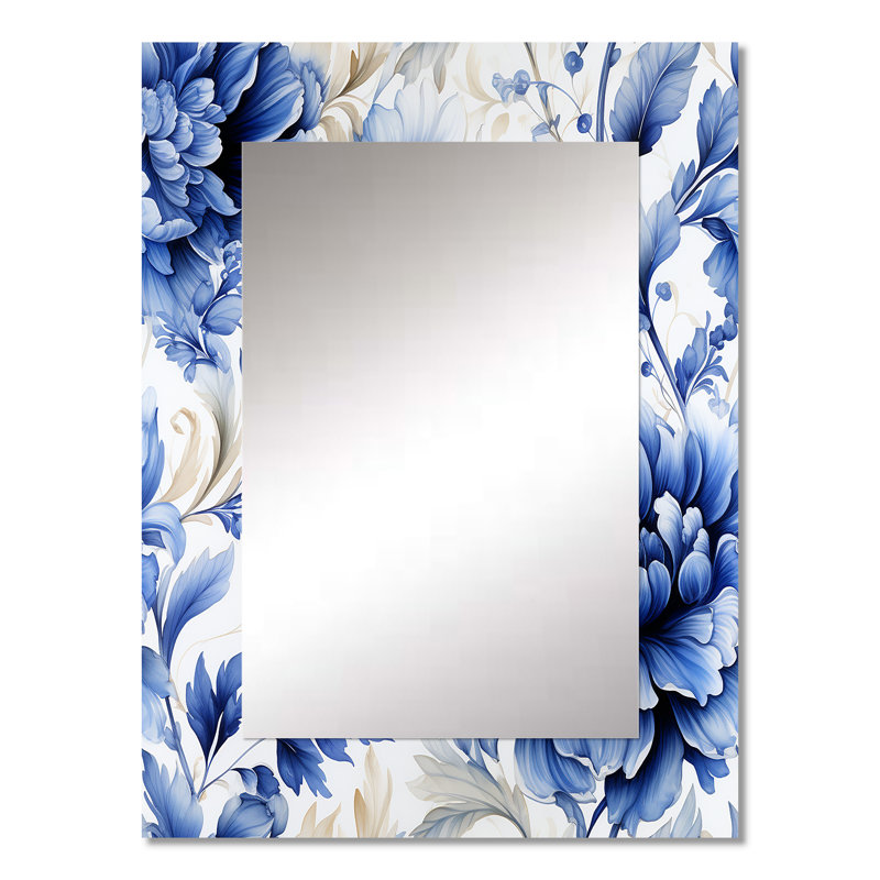 Asahlee beige et bleu orné damas Dahlia - miroir décoratif floral, miroir mural de maison de campagne, impression sur métal