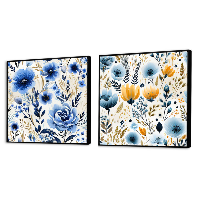 Blue Boho Chic Floral Motif II - ensemble de collage abstrait botanique carré de 2, Cadre flottant noir, H 36 po x l 73 po