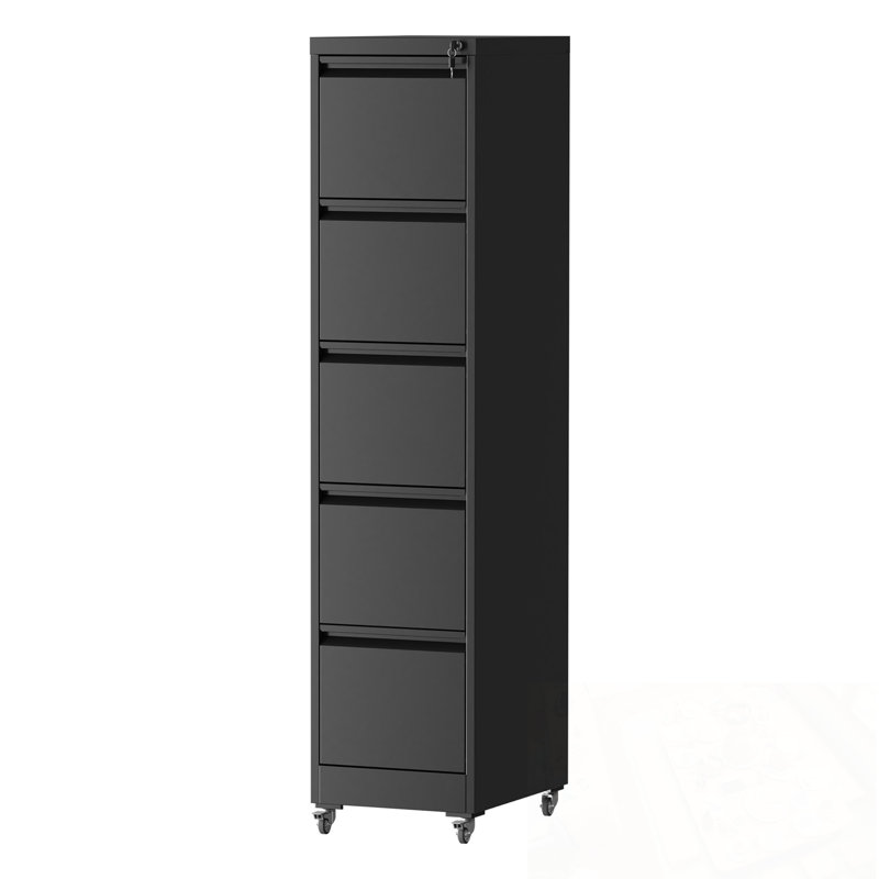 5 Drawers Metal Vertical File Cabinet With Lock On Wheels, Black