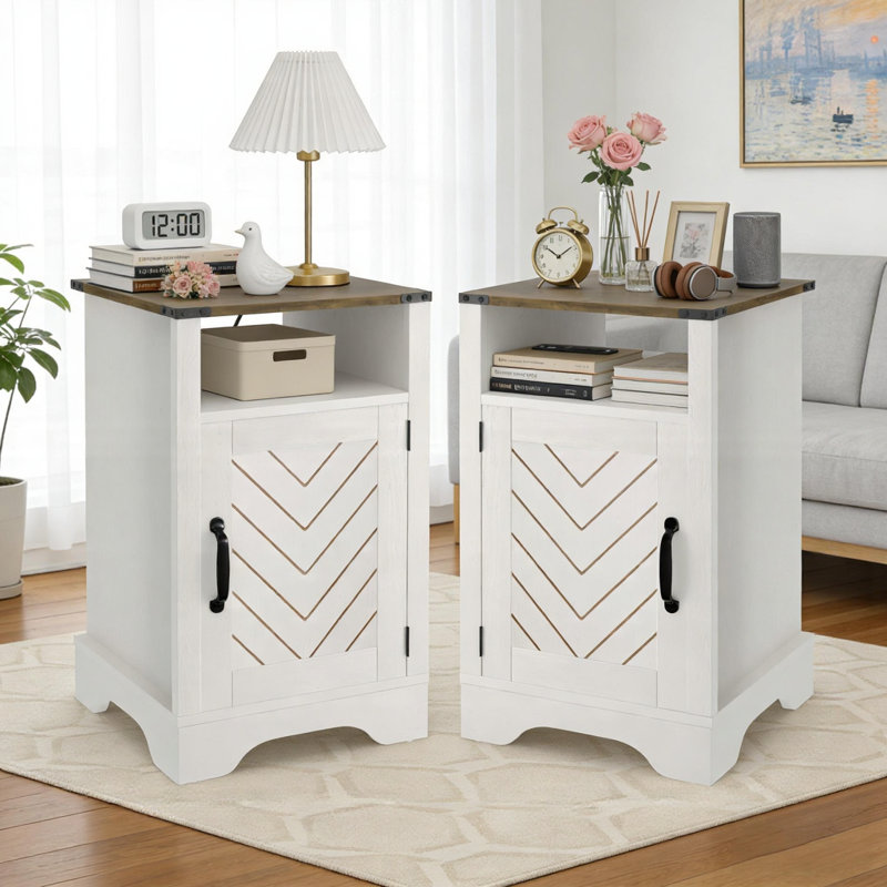 Bradford Farmhouse Nightstand Side Table with Electrical Outlets Charging Station, Off White/Brown, 2