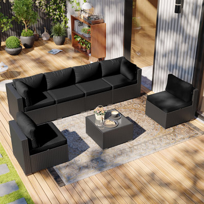 Ensemble de 7 meubles de patio pour l'extérieur, avec coussins et table basse en verre, ensemble de canapé modulaire en osier pour l'extérieur, jardin, balcon, porche