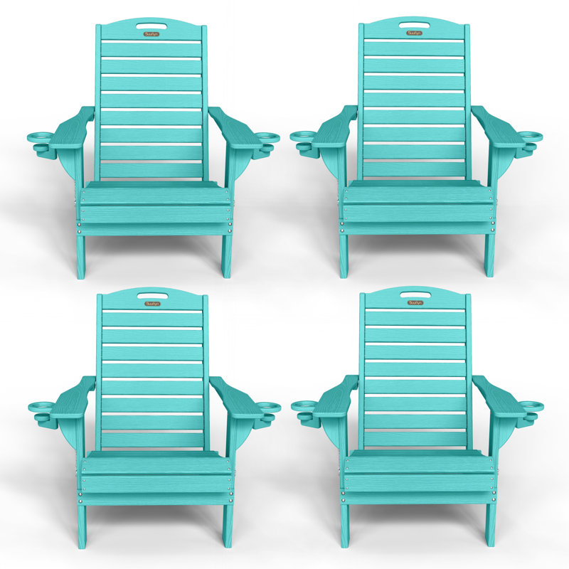 Outdoor Fire Pit Chairs Weather-Resistant HDPE Foldable Outdoor Adirondack Chair With Cup Holder, Lake Blue