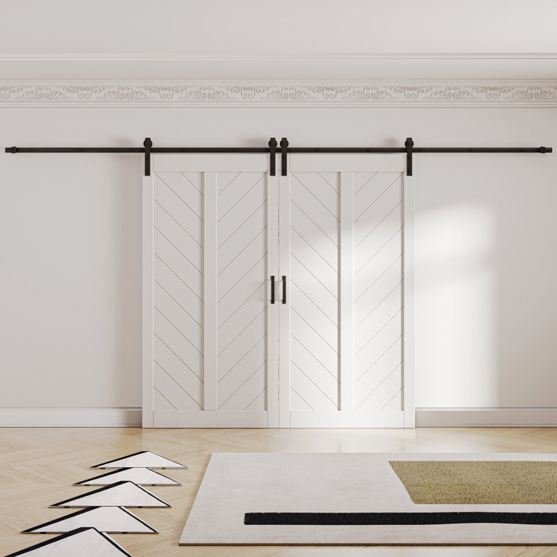 2 Piece Paneled Manufactured Wood Double Sliding Barn Doors with Installation Hardware Kit, 84" W x 84" H