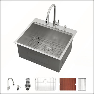 Évier utilitaire encastré 12 po avec robinet, lavabo encastré 25 po x 22 po en acier inoxydable de calibre 16 pour salle de lavage