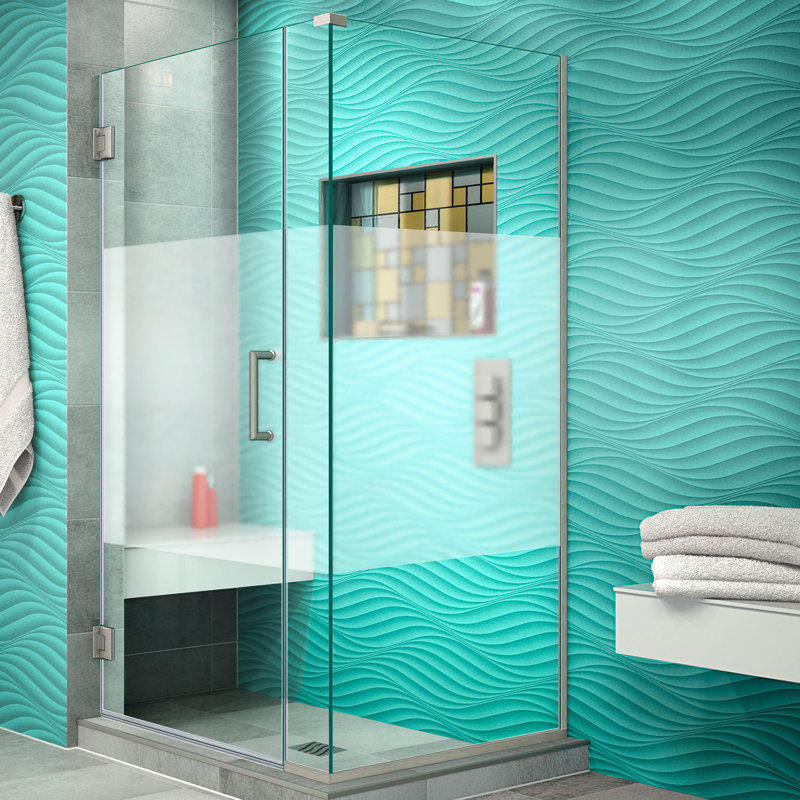Porte de douche à charnière sans cadre 31 po x 72 po avec technologie Clear Max Unidoor Plus, Nickel brossé