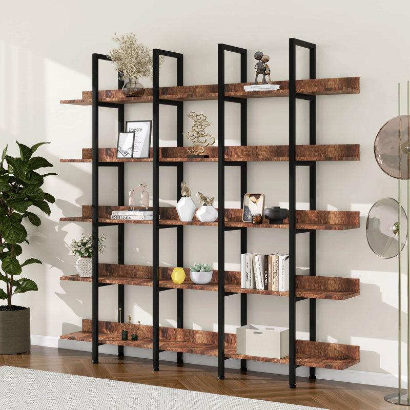 5 Tier Bookcase With Metal Frame, Open Book Display Shelf, Vintage Industrial Bookshelf, MDF Board Storage Organizer Rack