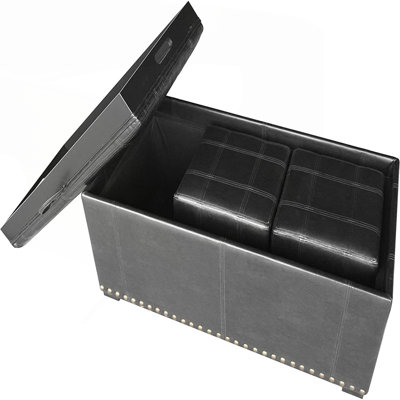 Banc de rangement en cuir avec 2 repose-pieds latéraux, noir